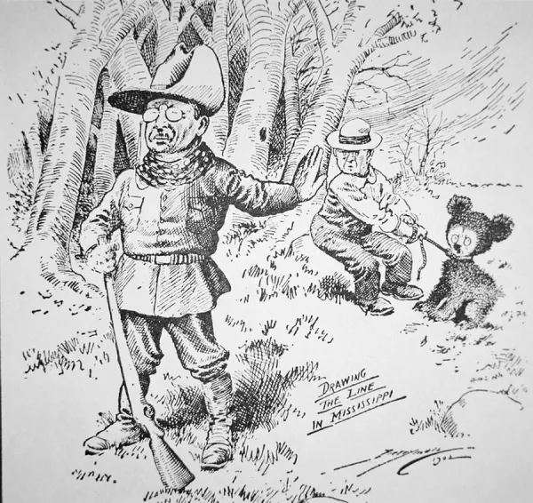 Cartoon of Theodore Teddy Roosevelt refusing to shoot a bear cub, 1902 (litho)