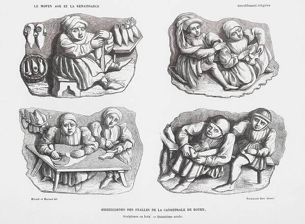 Carved wooden misericords from Rouen Cathedral, France, 15th Century (engraving)