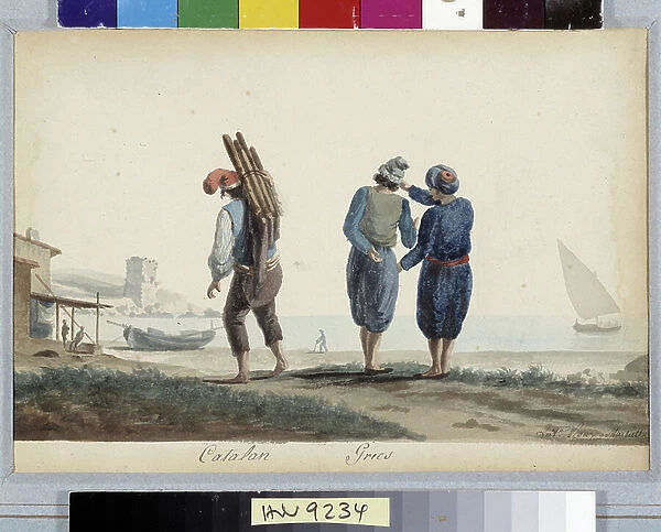 Catalans, Greek Characters in traditional costume by the sea. Watercolour by Antoine Roux (1765-1835) 19th century Mandatory mention: Collection fondation regards de Provence, Marseille