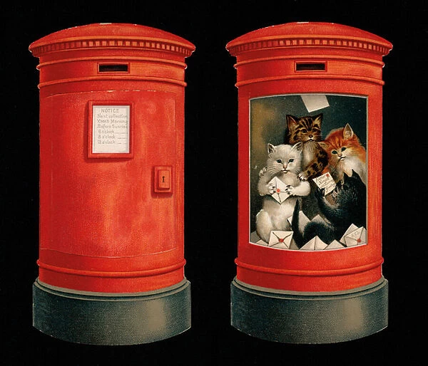 Cats inside a postbox, Christmas greetings card (chromolitho)
