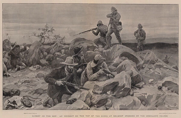 Caught on the Hop, an Incident on the Top of the Kopje at Belmont stormed by the Grenadier Guards (litho)
