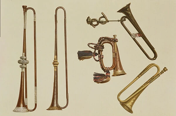Cavalry trumpet, a bugle, a gilt trumpet made by John Harris c