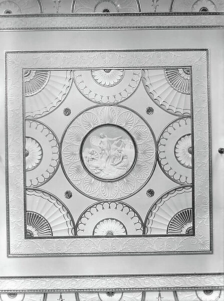 The centre of the Saloon ceiling at Nostell Priory, Yorkshire, from The Country Houses of Robert Adam, by Eileen Harris, published 2007 (b / w photo)