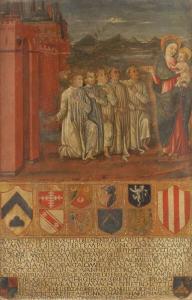 The Chamberlain and his assistants before the Virgin, 1489 (painting on wood)