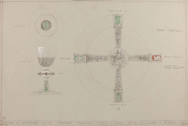 Chapel of Chivalry: proposed chalice, paten and alms dish (pencil, ink, brush