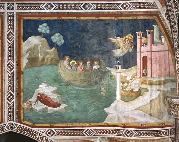 Chapel of the Magadalene, the eastern wall: Scenes from the life of the Magdalene, The Voyage of the Magadalene to Marseille and the miracle of the governors family found in the deserted island, 1307-08 (fresco)