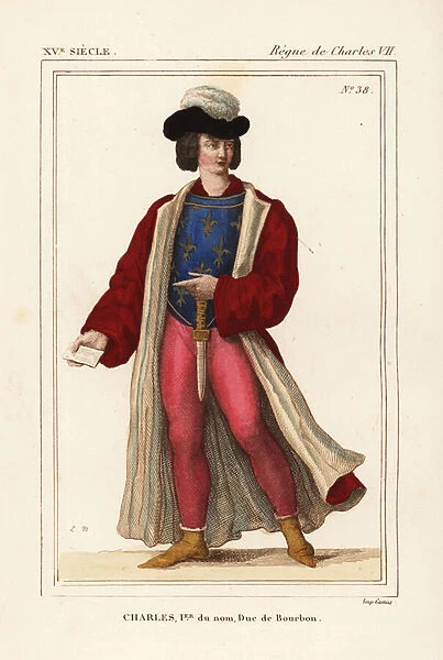 Charles I, Duke of Bourbon and Auvergne, son of Jean I and Marie de Berry, 1401-1456. He wears a long scarlet coat over a pourpoint with fleur-de-lis and pink hose