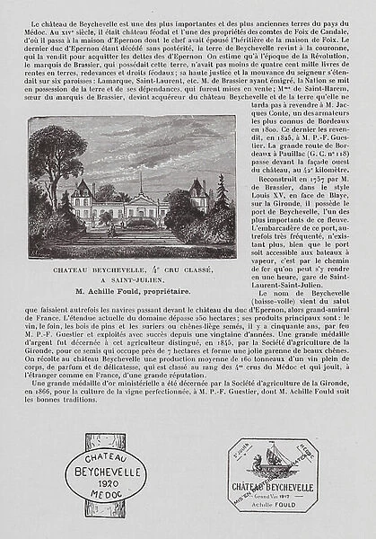 Chateau Beychevelle, 4e Cru Classe, A Saint-Julien, M Achille Fould, proprietaire (b / w photo)