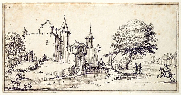 A chateau with drawbridge (pen & brown ink on paper)