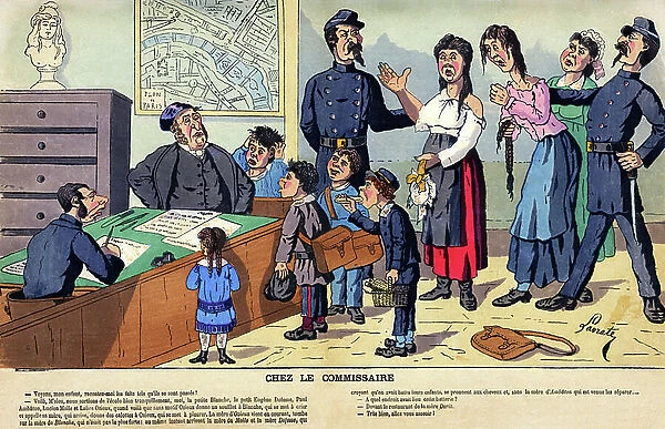 Children and their mothers involved in a fight at the police station. Lithography, 19th century