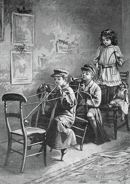 Children playing post chaise, historical picture, about 1893