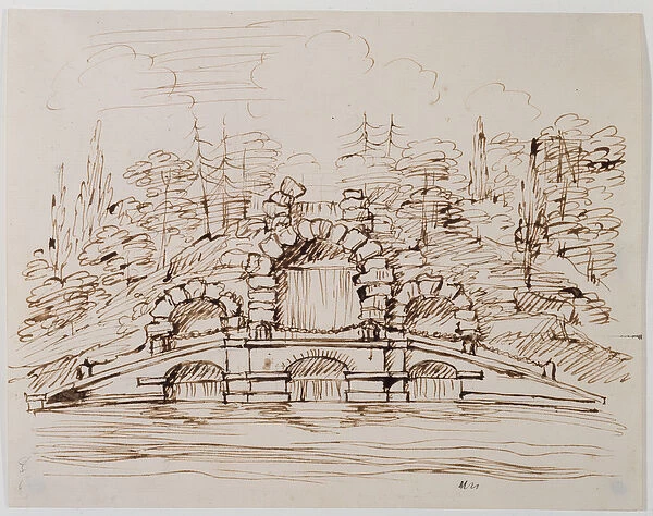 Chiswick, design for the cascade as built (pen and ink over pencil on paper)