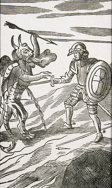 Christian and Apollyon, from the 13th edition of Pilgrims Progress by John Bunyan, 1692 (engraving)