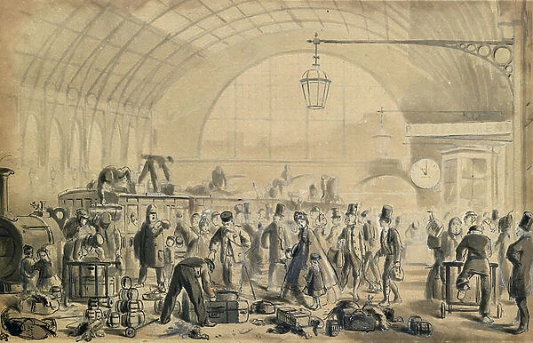 Christmas Eve at Kings Cross Station, c. 1870-90 (pen and wash on paper)