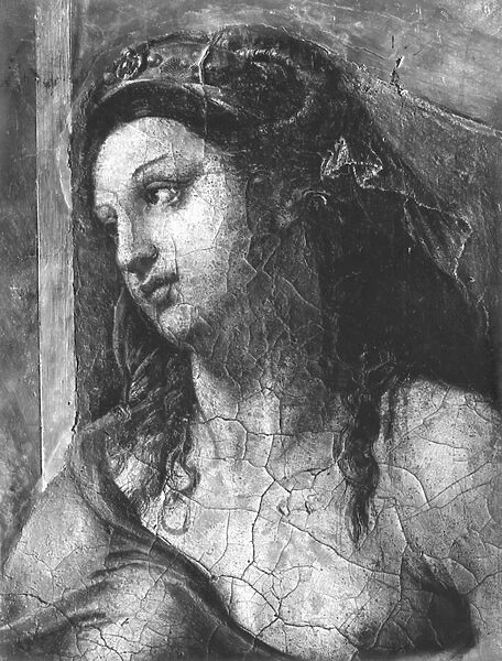 Clemency, one of the two Virtues surrounding Pope St. Clement I (1-97) Raphael Rooms (fresco) (detail) (b  /  w photo) (see also 252786, 252787, 252788)