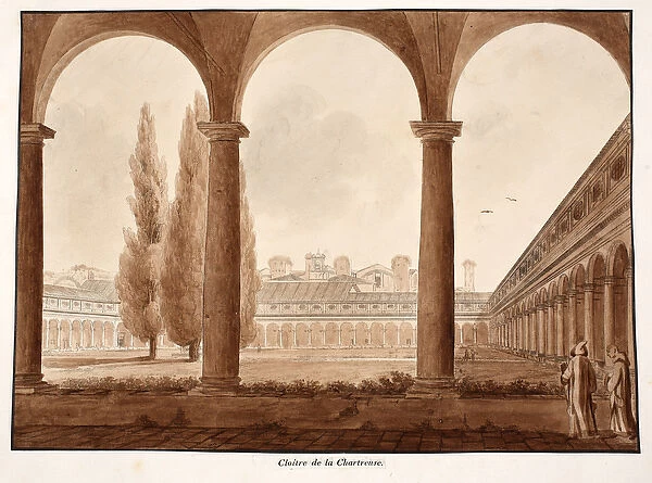 The cloister of the charterhouse, 1833 (etching with brown wash)