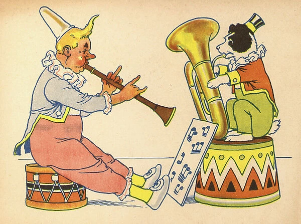 Clown and dog making music (colour litho)