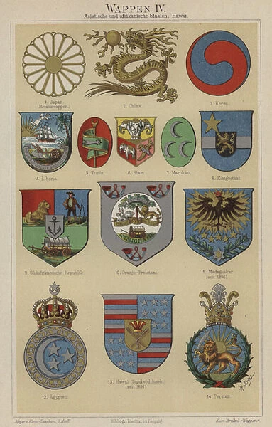 Coats of arms of Hawaii and countries of Asia and Africa (colour litho)