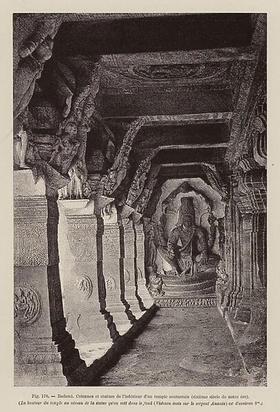 Columns and statue of Vishnu in one of the cave temples of Badami, India (rotogravure)