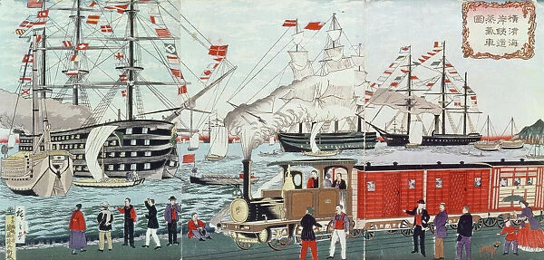 Commodore Perry's Gift of a Railway to the Japanese in 1853 (woodblock print)