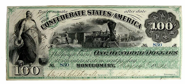 Confederate States 100 Dollar note from Montgomery, Alabama