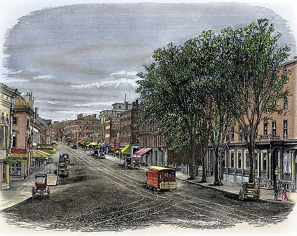 Congres Street in Portland, Maine, circa 1870. 19th century lithography
