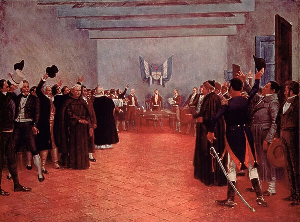 The Congress of Tucuman, the Declaration of Independence of Argentina from Spain in 1816 (colour litho)