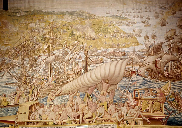 Conqueence of Tunis by Emperor Charles V: the seat of Golette in 1535. Detail of a tapestry by Willem de Pannemaker (active around 1535-1554) 1554 Alcazar de Seville