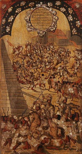 The Conquest of Mexico, Panel XVI, c. 1696-1715 (paint on wood)
