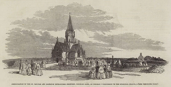 Consecration of the St Pancras and Islington Extramural Cemetery, Finchley-Road, on Tuesday, Procession to the Episcopal Chapel (engraving)