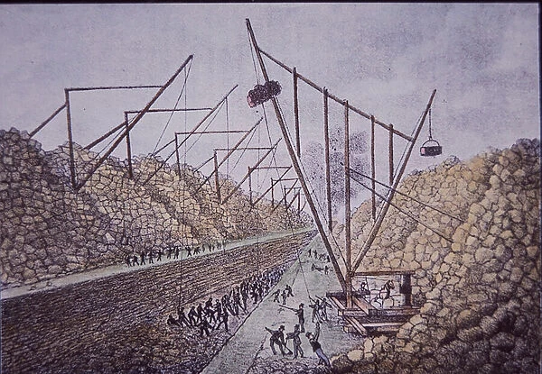 Construction derricks near Lockport, Erie Canal (coloured engraving)
