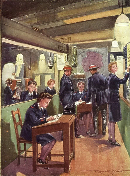 Control room of the wartime British National Fire Service, World War II, 1940s (colour litho)