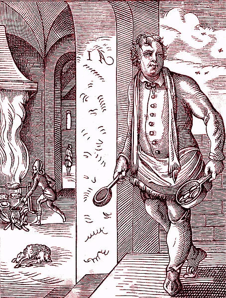 The cook - Food and Cooking in the 16th century. Engraving by Jost Amman (1539-1591). Engraving 1878