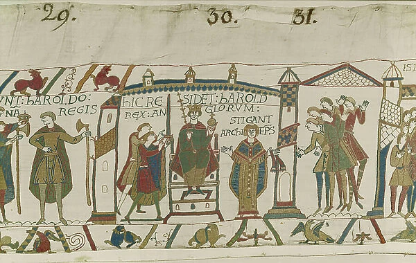 Coronation of Harold as English King, Bayeux Tapestry (wool embroidery on linen)