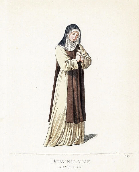 Costume clerical: a Dominican nun, 14th century - Dominican nun, 14th century - She wears a black veil, brown scapular and white tunic - From a painting by Ambrogio Lorenzetti - Handcoloured illustration drawn