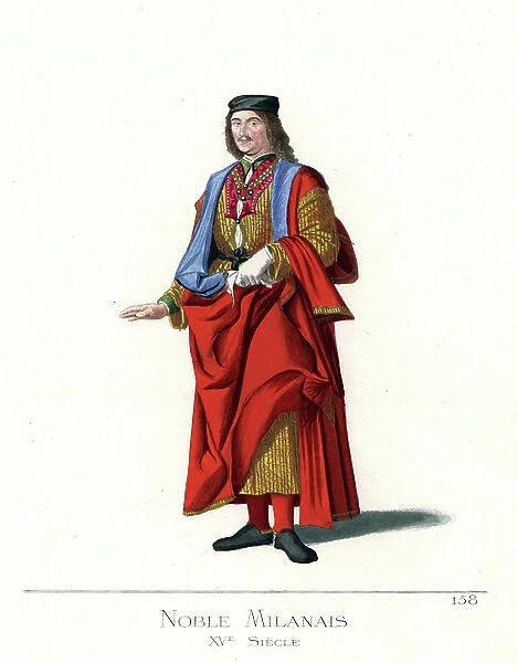 Costume d'un homme de la nobility de Milan (Italy), 15th century - Nobleman of Milan, 15th century - He wears a black toque, a scarlet cape with skyblue lining, hanging sleeves, gold brocade robe, green doublet, black belt