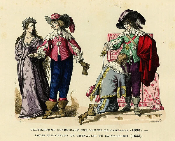 Costume of a gentleman leading a country bride in 1636