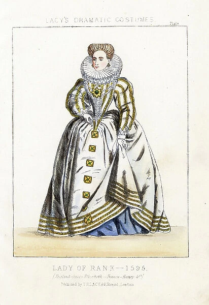 Costume of a lady of rank, reign of Queen Elizabeth, England, 1595. Handcoloured lithograph from Thomas Hailes Lacy's ' Female Costumes Historical, National and Dramatic in 200 Plates, ' London, 1865
