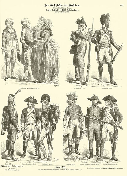 Costumes and military uniforms of Republican France, 1790s (engraving)