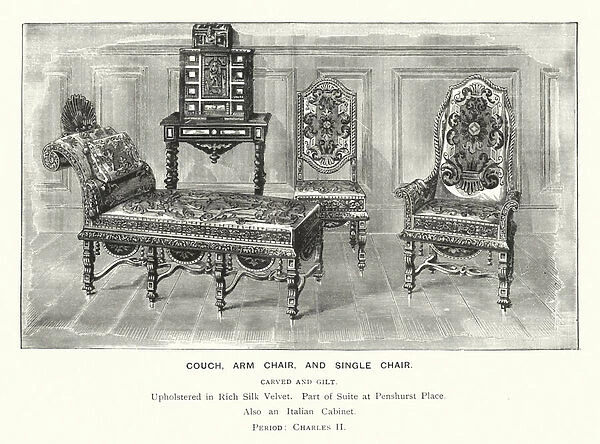 Couch, Arm Chair, and Single Chair, Charles II (coloured engraving)