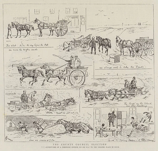 The County Council Election, the Adventures of a Presiding Officer on his Way to the Polling Place in Essex (engraving)