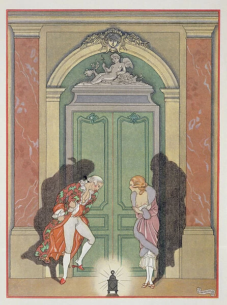 A Couple in Candlelight, illustration from Les Liaisons Dangereuses by Pierre Chodlerlos de Laclos (1741-1803) published 1920s (pochoir print)
