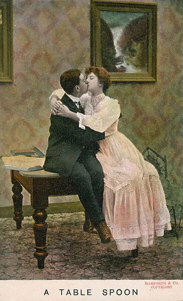Couple kissing, a table spoon (colour litho)