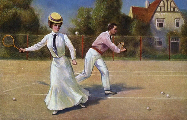 Couple playing tennis (colour litho)