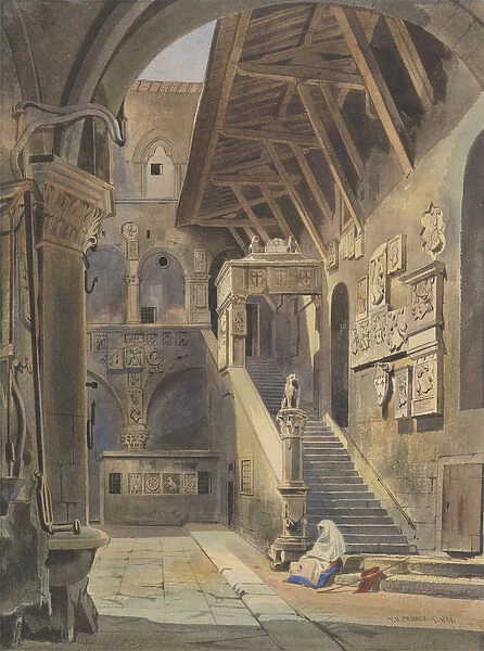 Court of the Bargello, Florence, 1839 (w  /  c with ink and pencil on paper)