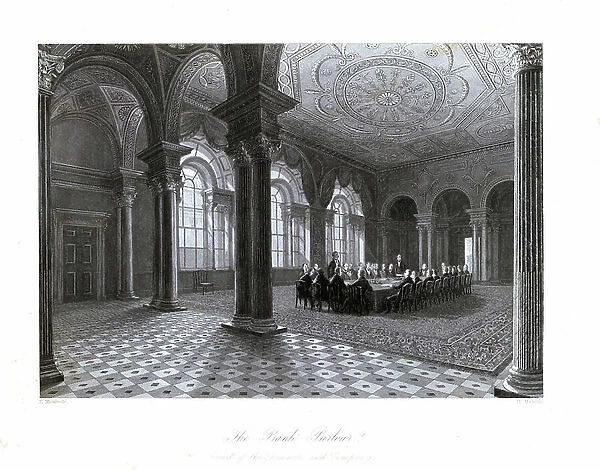 Court of the Governor and Company, in the Parlour, Bank of England. Steel engraving by Henry Melville after an illustration by F. Mackenzie from London Interiors, Their Costumes and Ceremonies, Joshua Mead, London, 1841