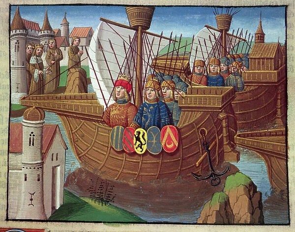 Crusaders returning from the Holy Land, miniature from Ogier le Danois, printed by A. Verard, Paris, 1492 (hand-coloured print)