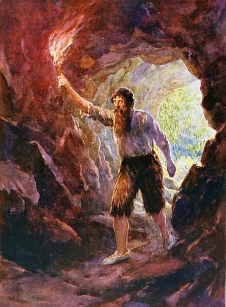 Crusoes Adventure in the Cave, illustration for Robinson Crusoe by Daniel Defoe (1660-1731) (colour litho)
