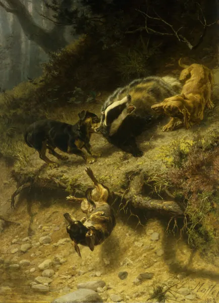 Dachshunds on a Badger, 1882 (oil on canvas)