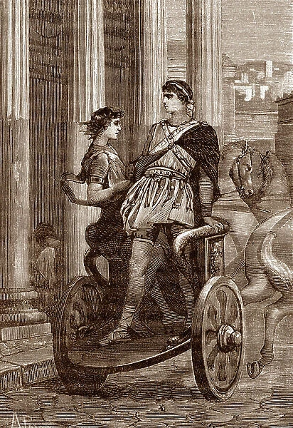 Daily life under the Roman Empire: 'Homosexuality in the ancient rome: rich men seducing young charioteers' Engraving from 'The Roman Impress' 1888 Private collection